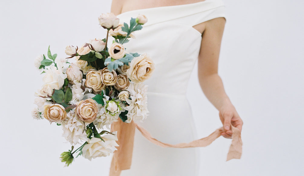 Artificial Natural Rose Wedding Bridal Bouquet With Silk Satin Ribbon