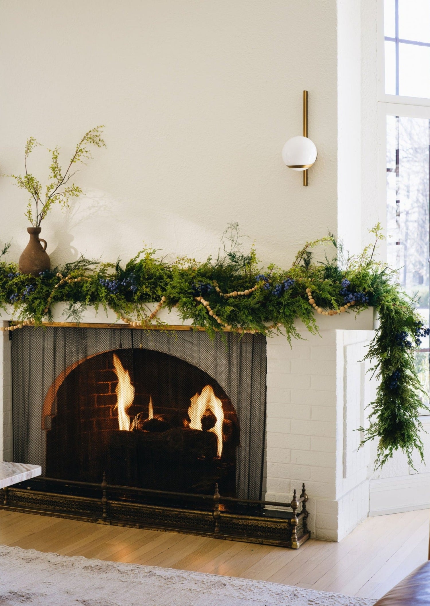 Cedar Garland Mixed with Artificial Greenery on Mantel