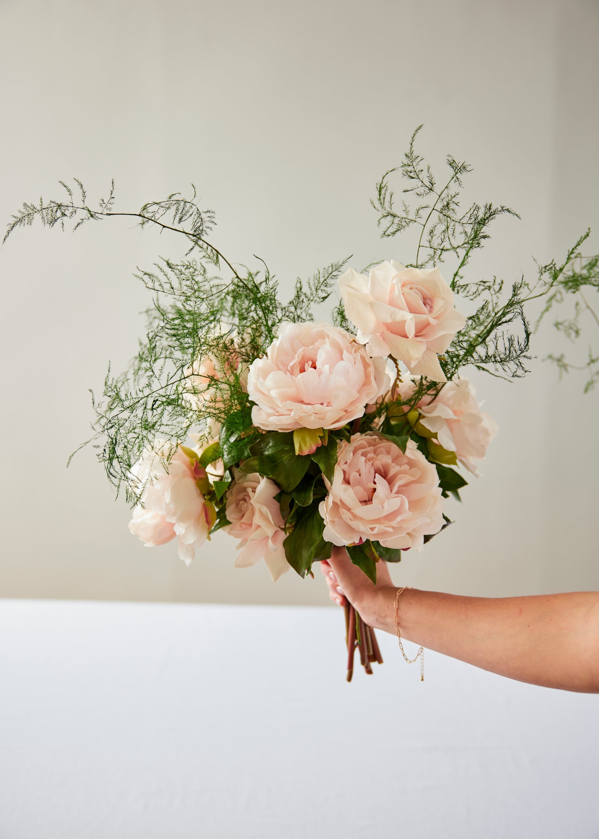 Faux Peony, Rose, and Preserved Fern Bouquet