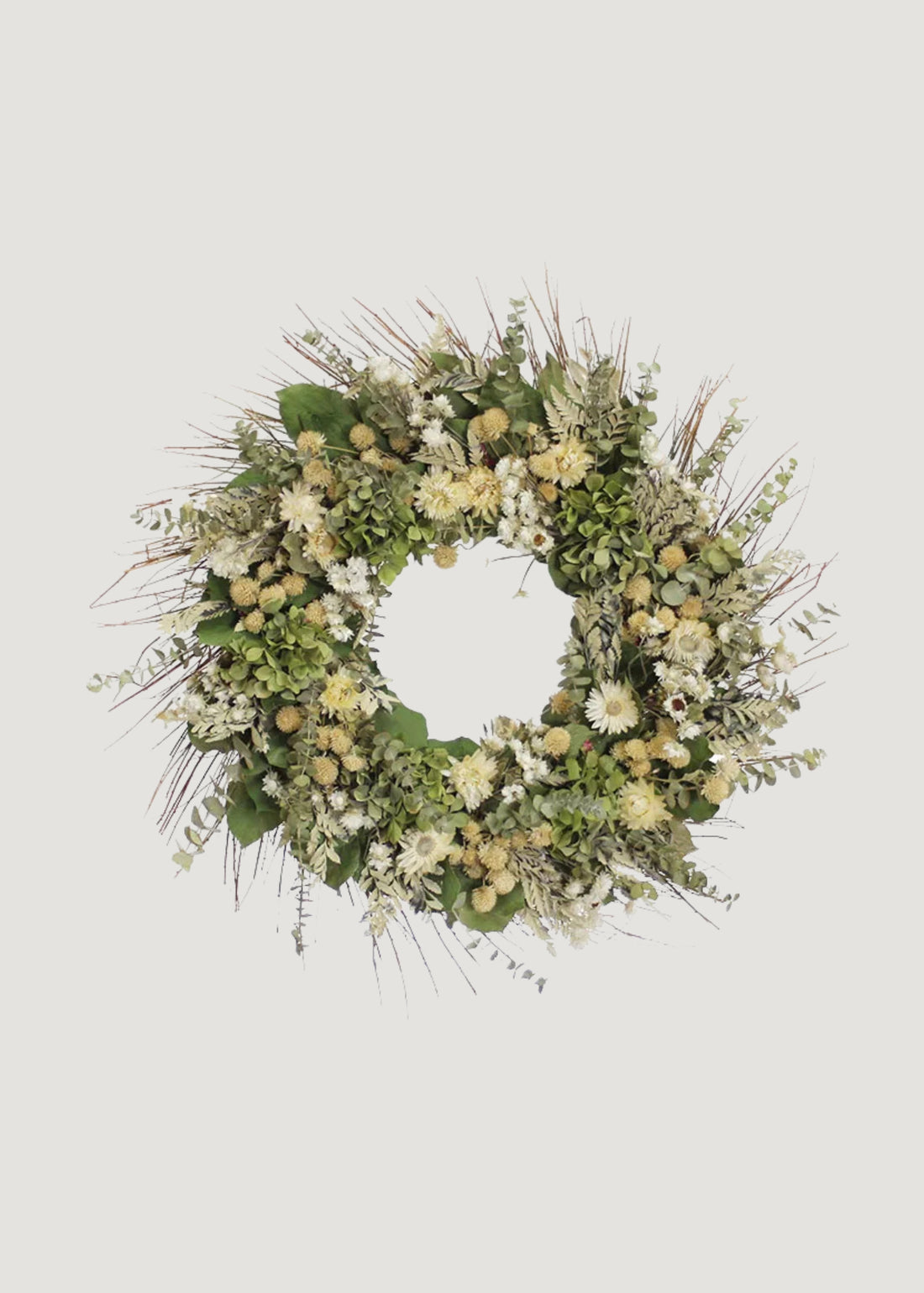 Cream Green Dried Hydrangea Flower and Eucalyptus Wreath 