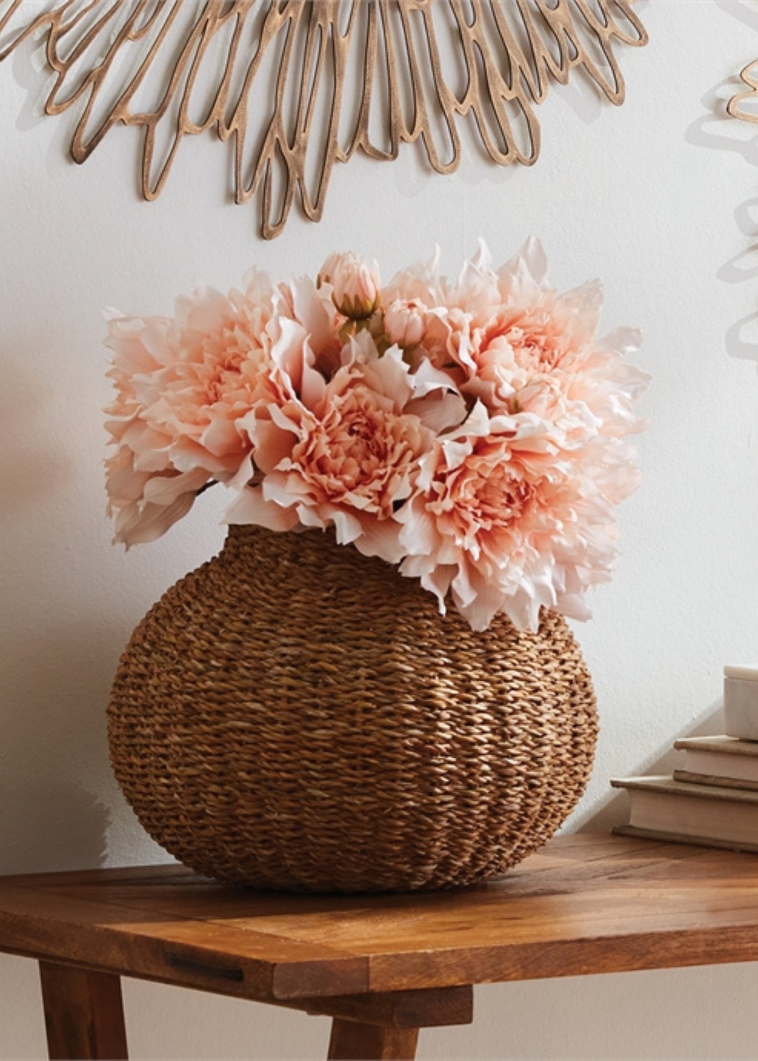 Faux Pink Dahlias Arranged in Weaved Vase