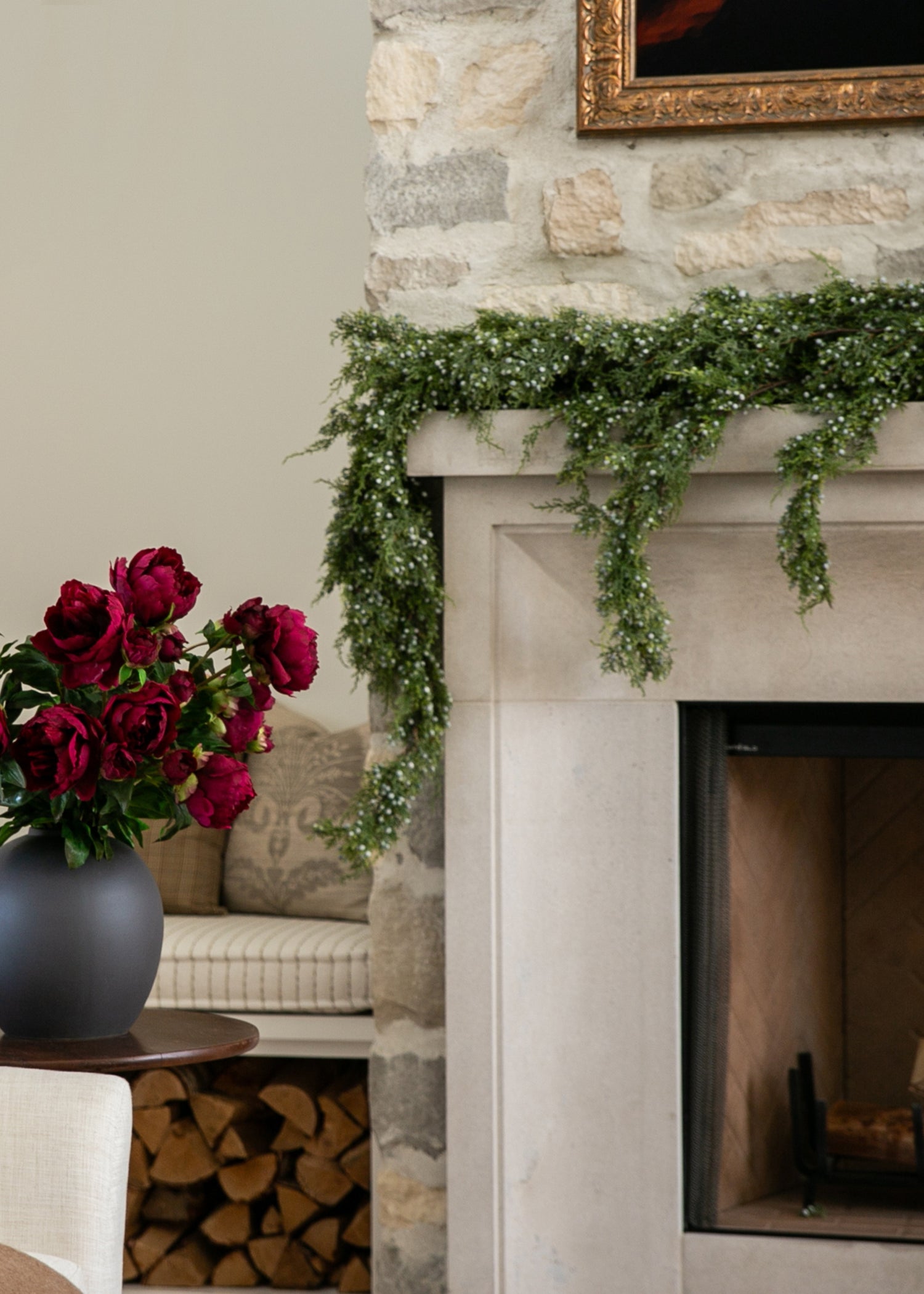 Artificial Juniper Mantel Garland with Faux Burgundy Peonies