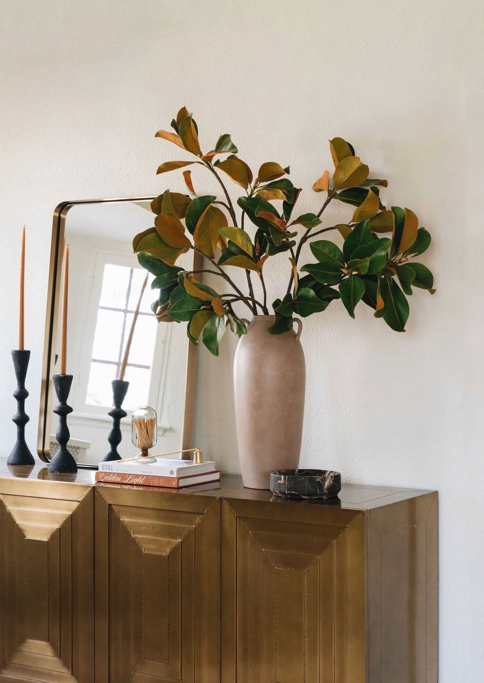 Artificial Greenery Magnolia Leaves Styled with Afloral Tall Terracotta Vase