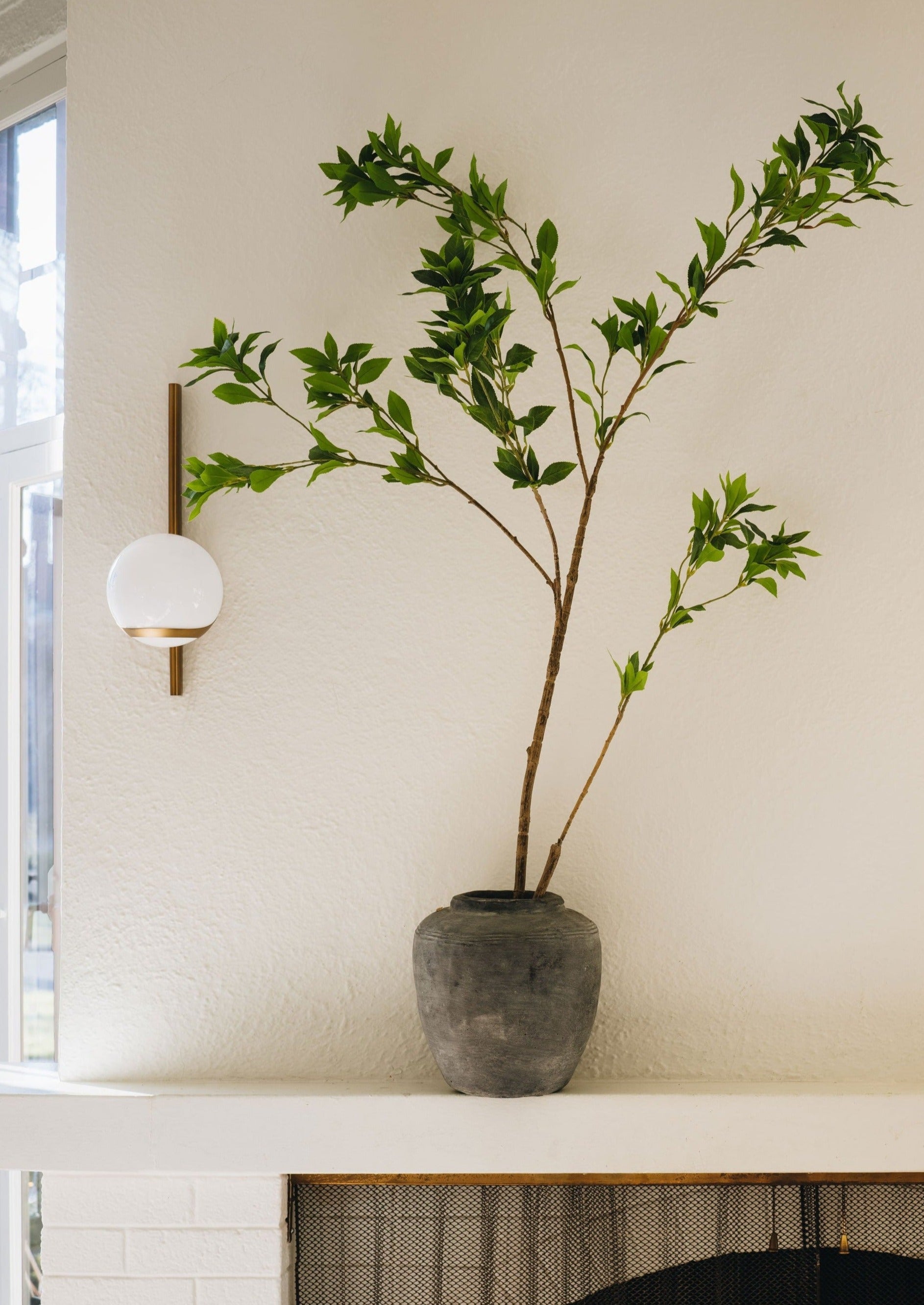 Artificial Japonica Branch in Concrete Vase on Mantel