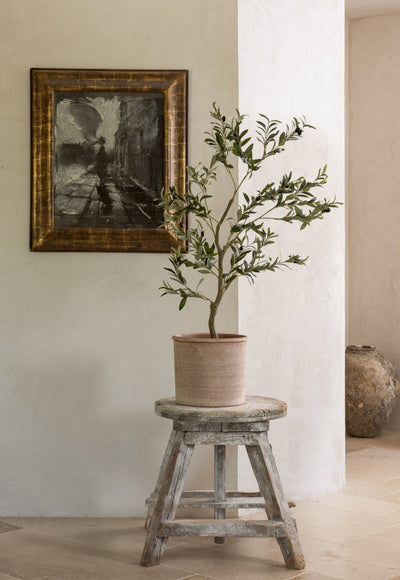 A clean faux olive tree placed on a stool. | Afloral