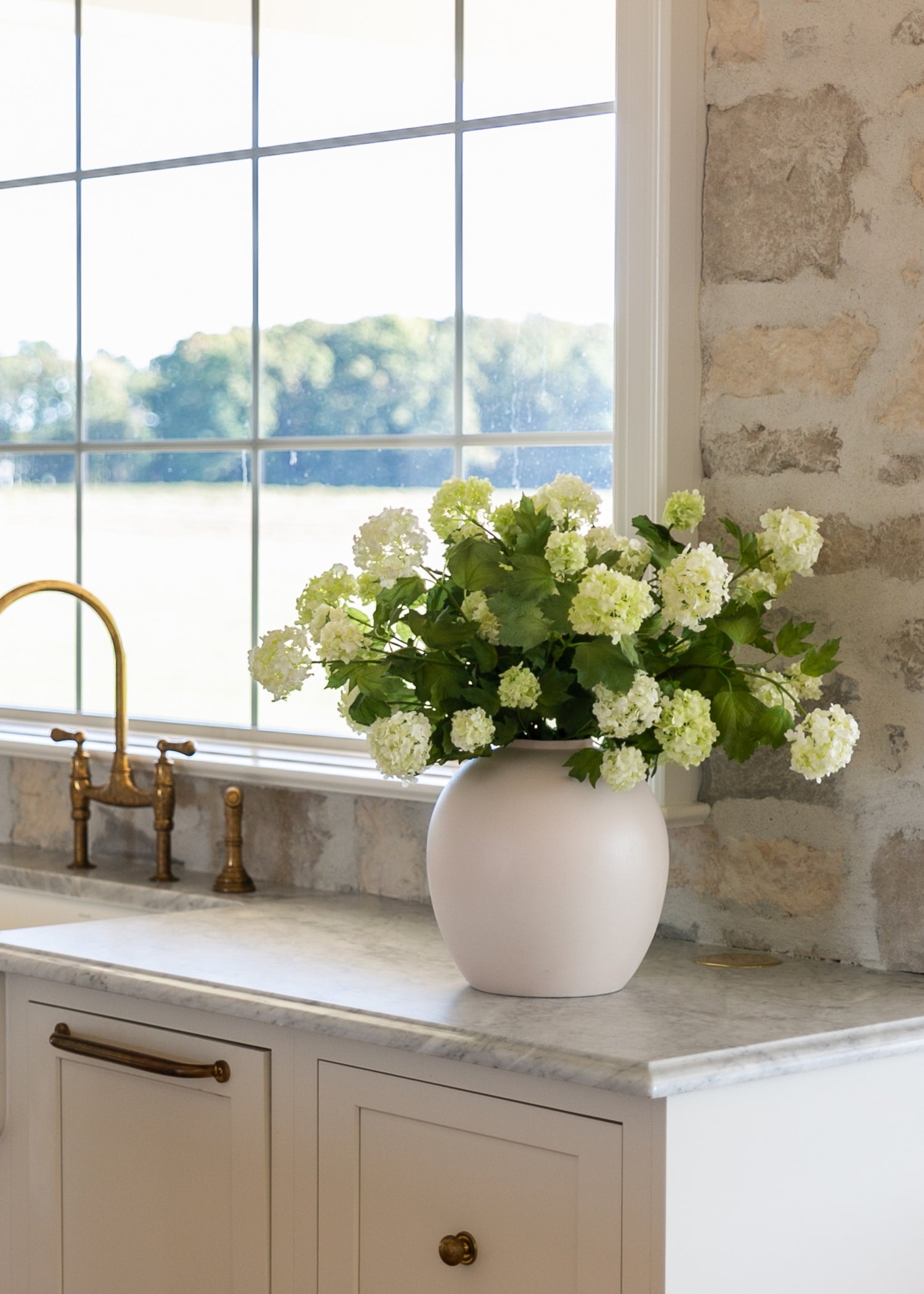 Faux Snowball Hydrangeas Styled in Stoneware Vase