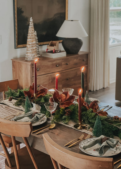 Holiday Table Decor with Cedar and Magnolias