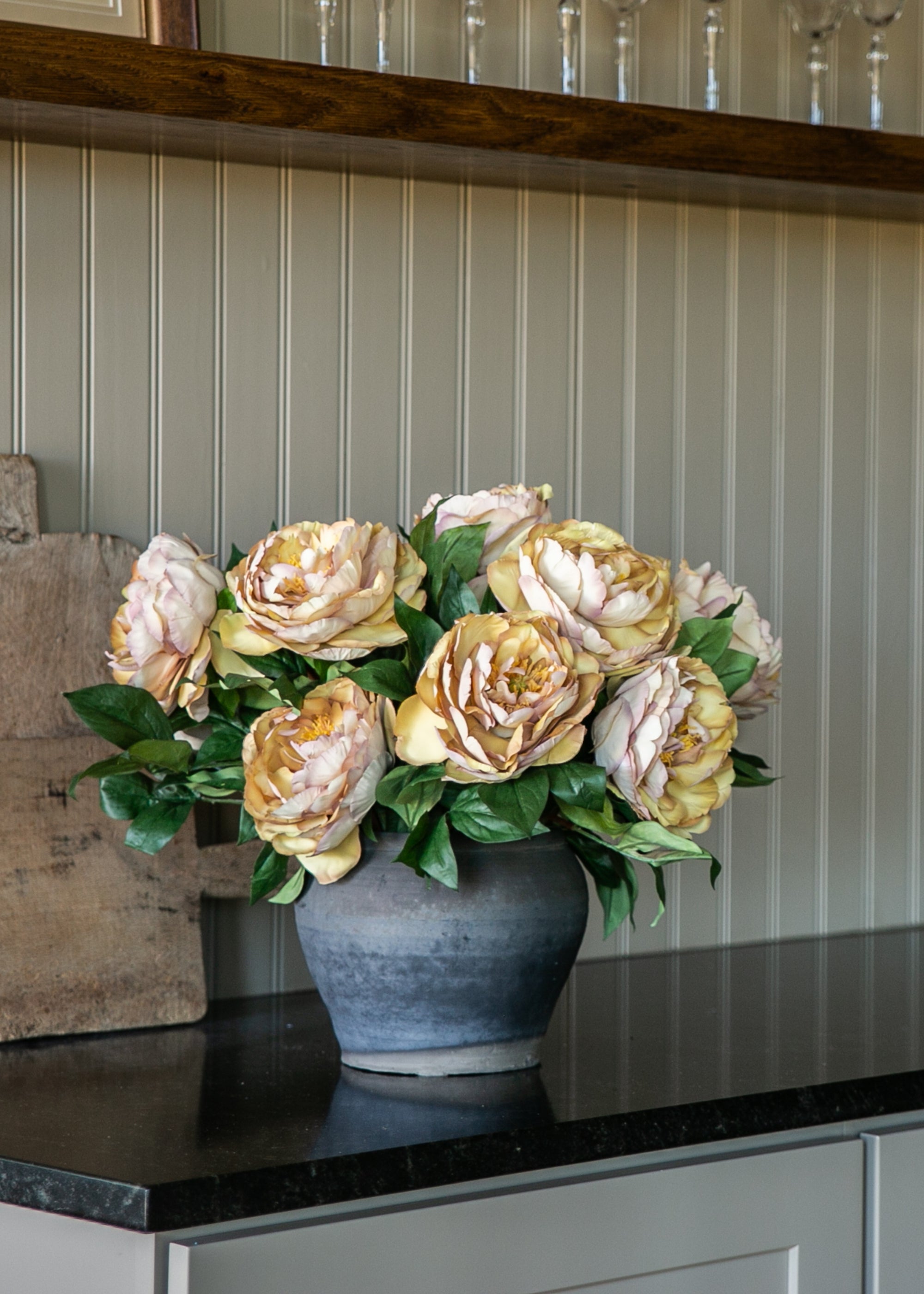 Faux Fawn Peonies in Handmade Terra Cotta Pot