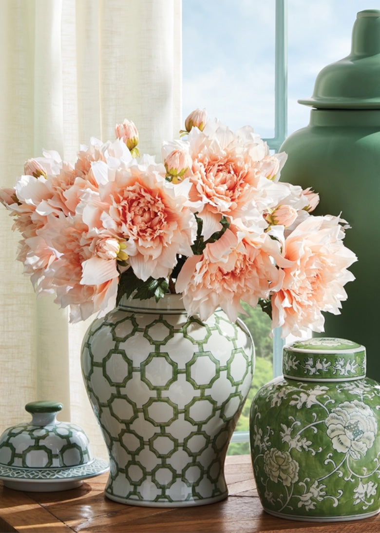 Faux Pink Dahlias Arranged in Ginger Vase