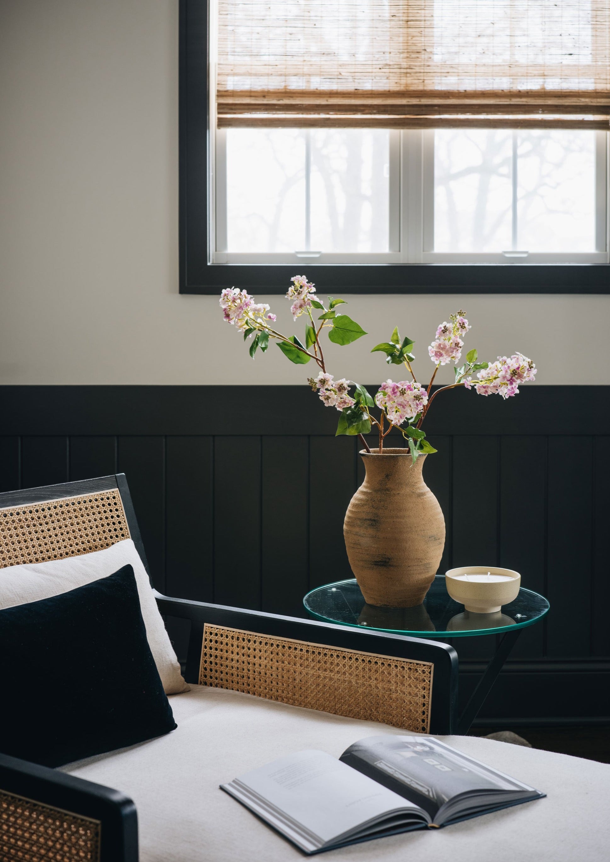 simple flower arrangement with faux lilac branches from afloral