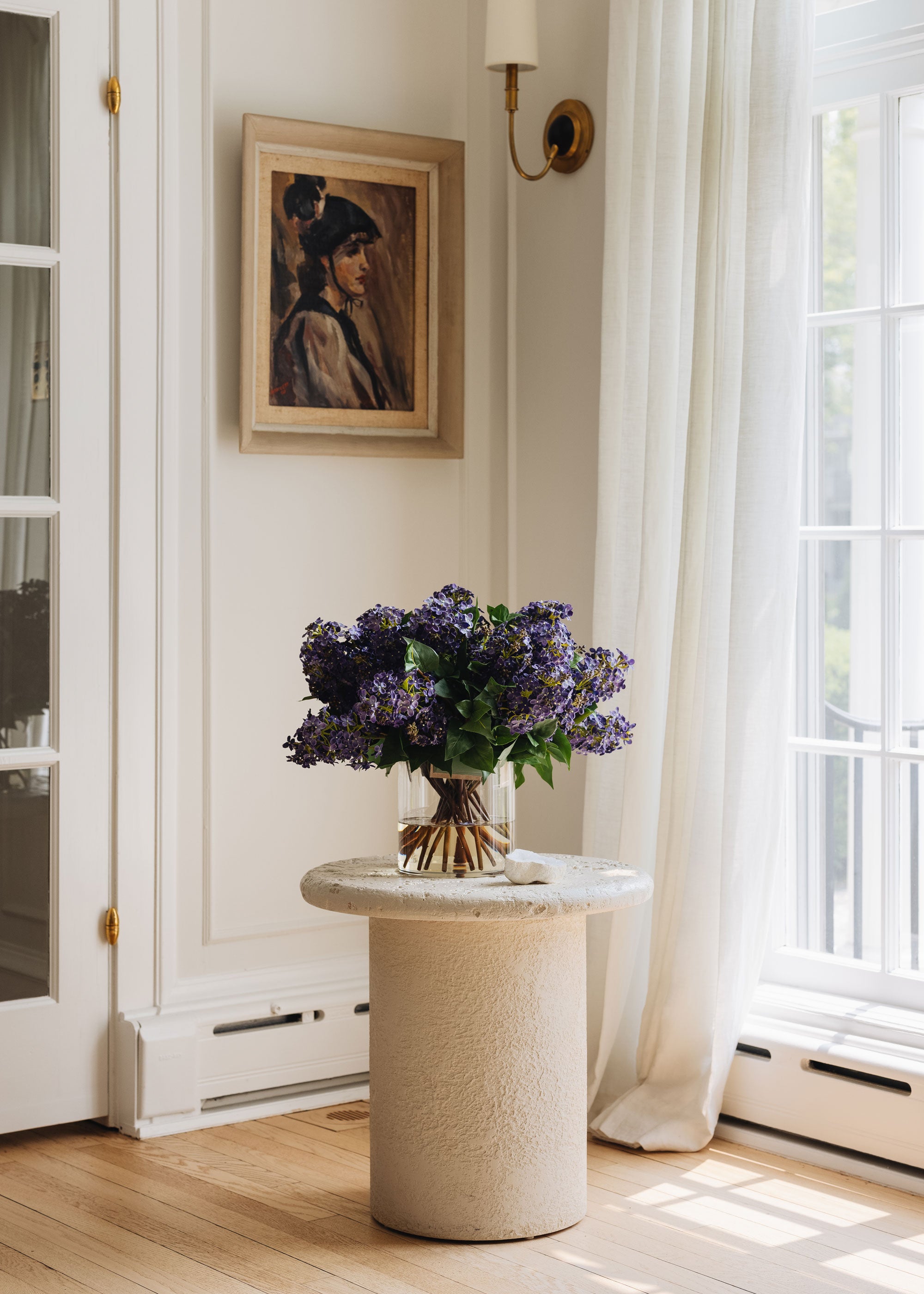 Video of Purple Faux Lilac Floral Arrangement in Glass Vase